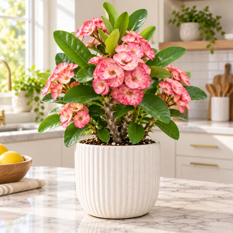 Thai Marble Pink Crown of Thorns Live Plant in Pot, 4-6 Inch Tall, Euphorbia Milii Plant for Garden Planting - Image 3