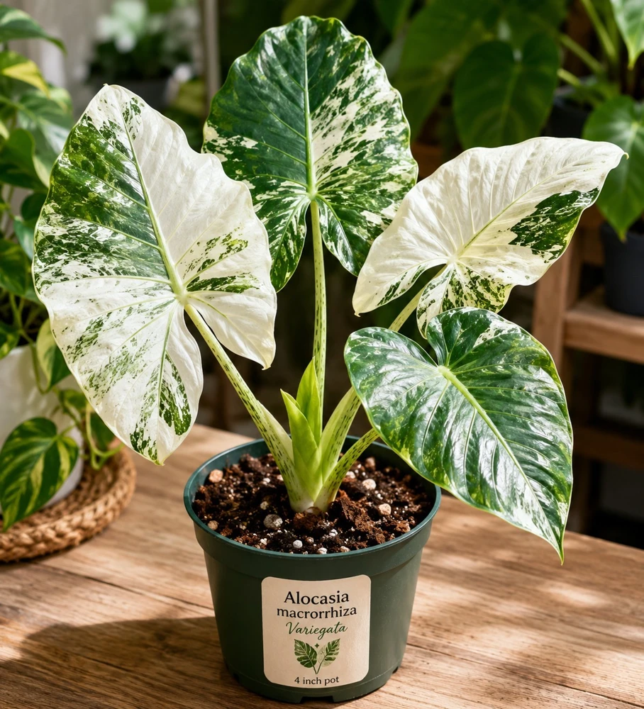 Variegated Alocasia Macrorrhiza Live Plant, 4" Pot, 4 Leaves, Indoor/Outdoor - Image 1