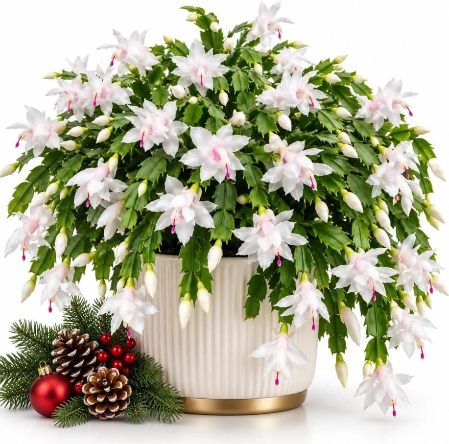 White Christmas Cactus Live Plant – 4-7 Inches Tall Holiday Succulent for Indoor Decor - Image 1