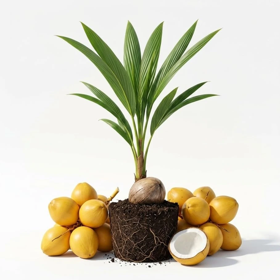 Yellow Malayan Dwarf Coconut Tree Live Plant, 6-8 Inch Tall, Tropical Fruit - Image 1